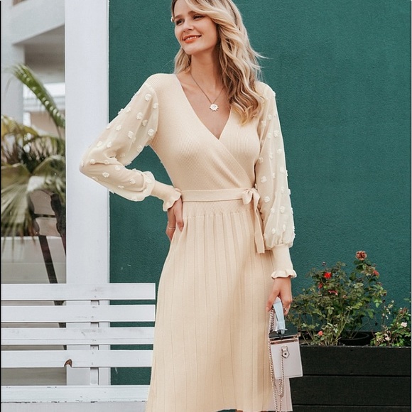 “The Gloria” Beige Pleated Sweater Dress - Picture 2 of 8